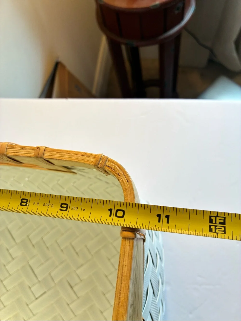 White Woven Plastic Basket with Bamboo Trim